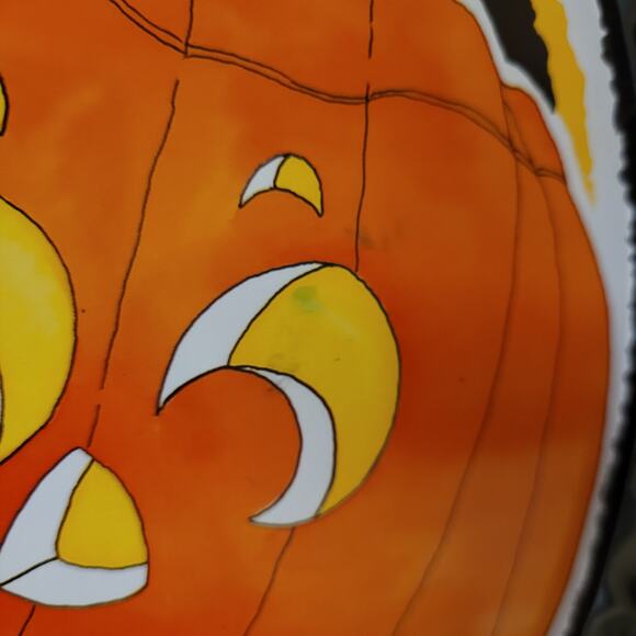 Vintage Halloween Pumpkin Tin Serving Tray – Candy Corn Border 13" Cutesy - Picture 2 of 5